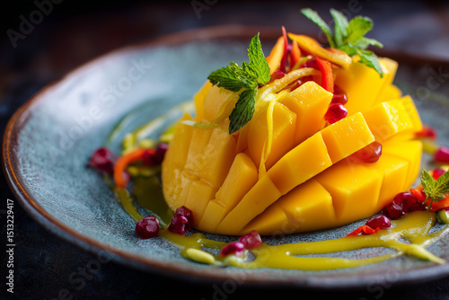 Sliced ripe mango with sauce and mint