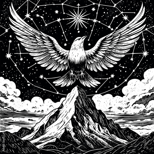 Stellar bird over mountain. Vector linocut of mythic constellation and cosmic flight.