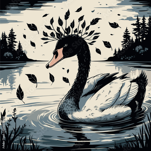 Crowned black swan in shadow. Symbolic linocut vector with melancholic mythology and regal decay.