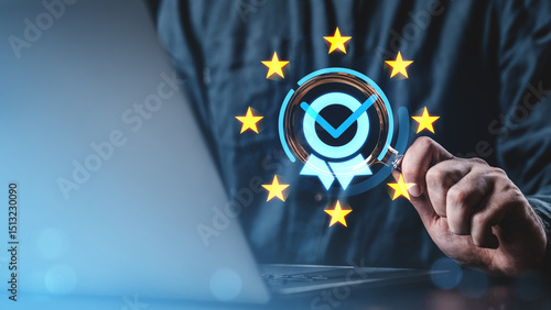 Obraz na płótnie Man analyzing digital compliance icon with EU stars on screen using magnifying glass