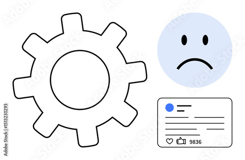Gear, sad face, and social media post card representing system usability issues and negative experiences. Ideal for user feedback, dissatisfaction, system design, UX research, social interaction