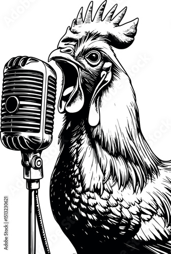 Rock star rooster shouting into microphone – funny vintage engraving vector
