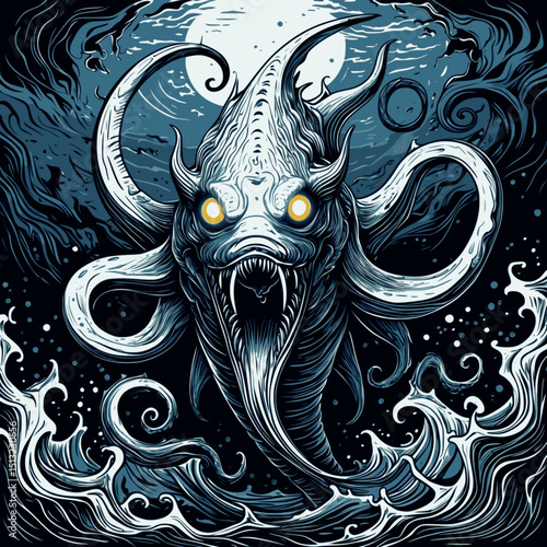 Leviathan from the abyss. Retro linocut fantasy creature with glowing eyes and tentacle chaos.