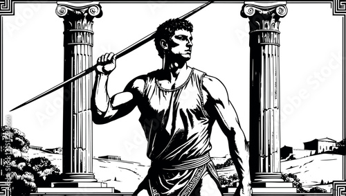 Ancient Olympic javelin thrower – full body engraving vector with Greek elements