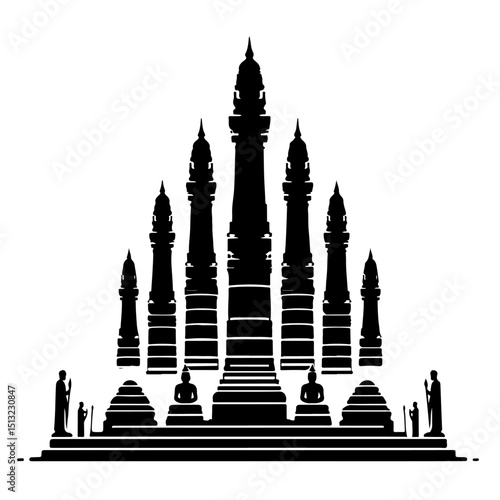 Angkor Wat Temple Silhouette - Historic Cambodian Buddhist Vector Art