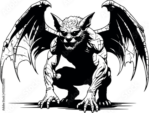 Crouching gargoyle vector. Gothic stone guardian with strong form and wings.