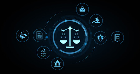 Digital law and justice concept with legal icons including scales, gavel, and contract symbols on futuristic dark blue technology background. 3D Rendering