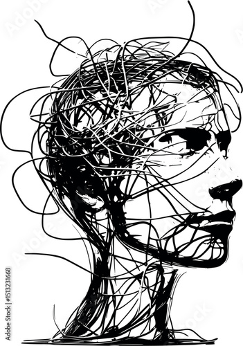 Overthinking vector. Mental chaos and looping thoughts.