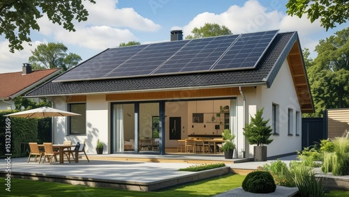 An eco-friendly, energy-efficient single-family home in Germany with solar panels on the roof.  Modern exterior design featuring a patio and a planted garden.  sustainable lifestyle,