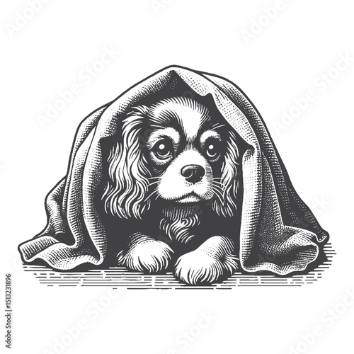 Vintage Hand-Drawn Cavalier King Charles Spaniel Hiding Under Blanket Illustration – Snuggly Engraved Style Vector For T-Shirts Posters Stickers And Pet Lovers Apparel