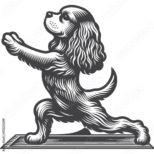 Vintage Hand-Drawn Cavalier King Charles Spaniel Doing Yoga Pose Illustration – Playful Engraved Style Vector For T-Shirts Posters Stickers And Pet Lovers Apparel