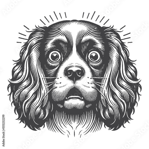 Vintage Hand-Drawn Cavalier King Charles Spaniel With Shocked Expression Illustration – Expressive Engraved Style Vector For T-Shirts Posters Stickers And Pet Lovers Apparel