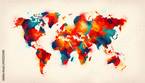 A vibrant 2D watercolor world map in bold artistic strokes and bright rainbow colors. Generative AI