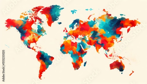 A vibrant 2D watercolor world map in bold artistic strokes and bright rainbow colors. Generative AI