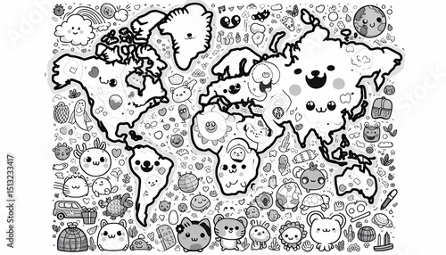 Cartoon World Map Coloring Page for Kids. Featuring simple continent shapes with smiling faces, animals, and playful doodles. Generative AI