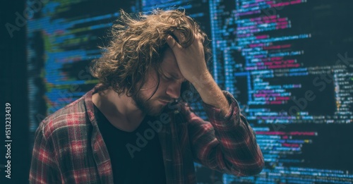 Overwhelmed coder stares at complex code on screen, hand to head, expressing frustration in dim lighting, reflecting intense coding session.