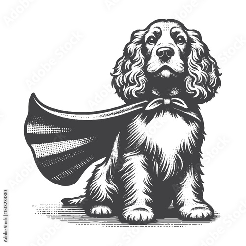 Vintage Hand-Drawn Cocker Spaniel Wearing Superhero Cape Illustration – Heroic Engraved Style Vector For T-Shirts Posters Stickers And Pet Lovers Apparel