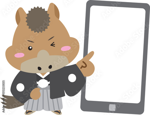 スマホを指差す和装の馬キャラクター｜午年×デジタルの案内イラスト（2026年）