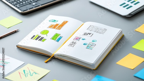 Open notebook with colorful business charts and graphs sketches surrounded by sticky notes and laptop on gray desk