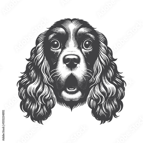Vintage Hand-Drawn Cocker Spaniel With Shocked Expression Illustration – Expressive Engraved Style Vector For T-Shirts Posters Stickers And Pet Lovers Apparel