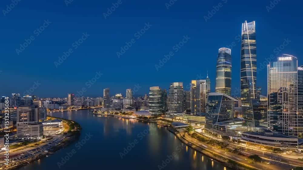 Night View of Modern City Skyline with River Reflection Night View of Modern City Skyline with River Reflection