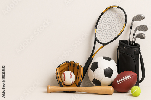 Fototapeta Naklejka Na Ścianę i Meble -  Various Sports Equipment Arranged Neatly on Background.
A clean flat lay of multiple sports equipment including a soccer ball, baseball gear, tennis racket, and golf clubs on beige background.
