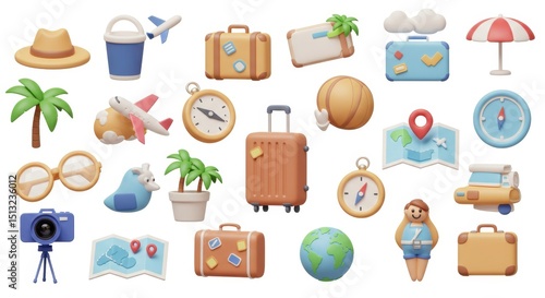 Colorful 3D Travel Icons Collection: Summer Vacation Theme