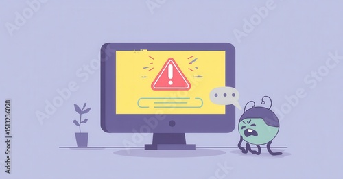 Cartoon depiction of an error message on a monitor with a concerned bug-like character standing beside it, digital flat design.