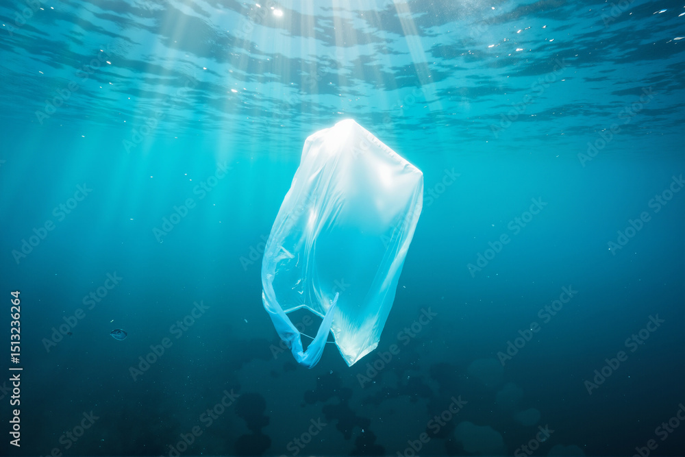 Fototapeta premium Plastic bag glowing underwater with jellyfish form