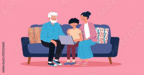 Three generations gather on a couch, sharing moments with a laptop. A heartwarming scene of family and technology integration.
