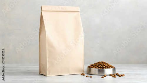 Pet food pouch mockup with plain sealed bag and stainless steel bowl full of dog kibble on neutral surface, front facing packaging design template