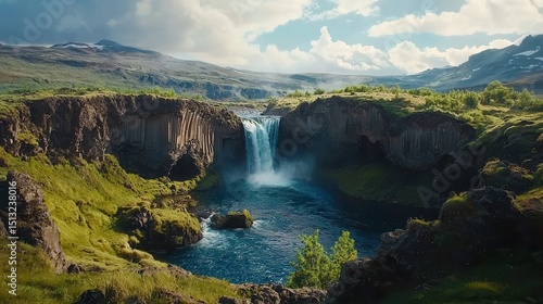 A scenic waterfall cascades into a clear blue pool surrounded by lush greenery and rocky cliffs under a bright, partly cloudy sky.