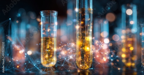 Laboratory glassware filled with golden liquid. Networked connections represent data and research, suggesting scientific advancement.