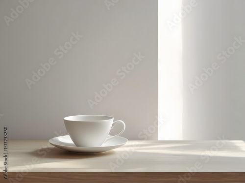 Wallpaper Mural White coffee cup with saucer on a light wood table, plain white wall background, softly lit by natural window light  Torontodigital.ca