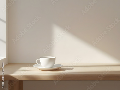 Wallpaper Mural White coffee cup with saucer on a light wood table, plain white wall background, softly lit by natural window light  Torontodigital.ca