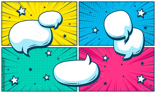 Colorful comic panel scene background with speech bubble set