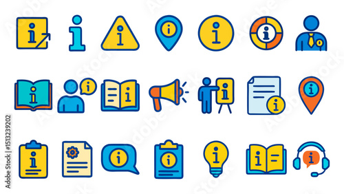 Information icon set of books, documents, speech bubbles, and person. Suitable for websites, presentations, educational materials, and infographics.
