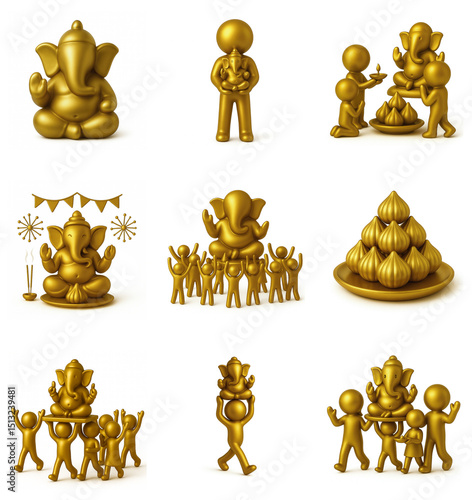 Set of golden 3D icons depicting Lord Ganesha festival with statue worship, family prayer, celebration, sweets, and Ganesha Visarjan, Perfect for festive design, decor, and branding, hindu, hinduism