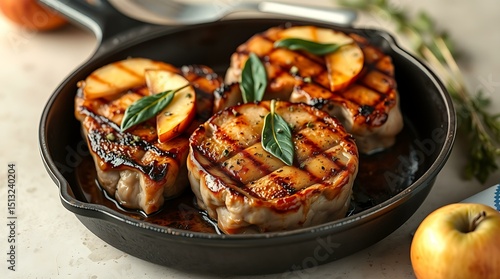 Pork chops grilled with apple slices and sage on a black cast iron pan
