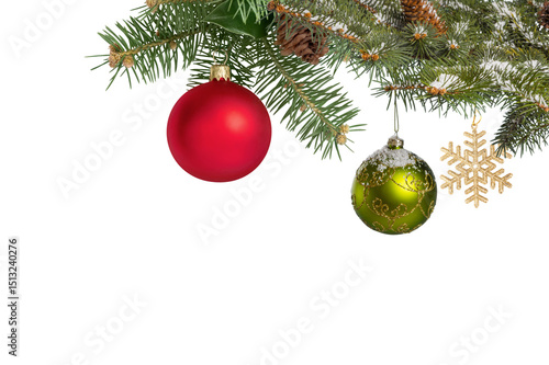 Obraz na plátně Christmas decorations corner with tree branches baubles frame, isolated transpar