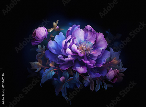 A vibrant purple flower blooms against a stark black background, its petals catching the light.  Deep indigo and soft lavender hues blend in this floral artwork