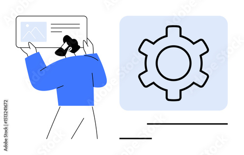 Person holding web content display, large gear icon on the side for functionality. Ideal for technology, development, user interface, interaction, customization, productivity, simple landing page