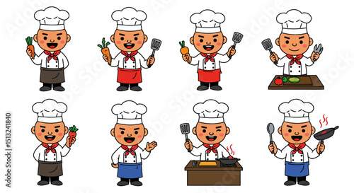 Cartoon Chefs in Various Poses with Cooking Utensils and Food