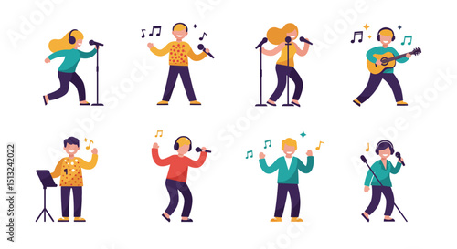 Cartoon People Singing Playing Guitar and Performing with Microphones and Music Stands