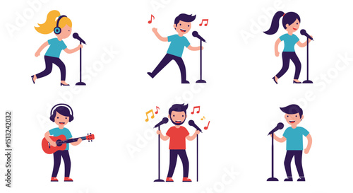 Cartoon People Singing and Playing Guitar with Microphones and Music Notes