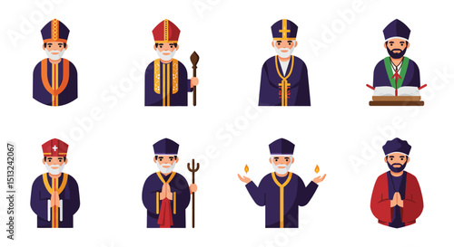 Collection of Cartoon Bishops and Religious Figures in Various Attire