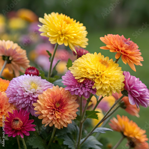 A vibrant bouquet of colorful chrysanthemums in full bloom, displaying rich hues of yellow, pink, orange, and red. 