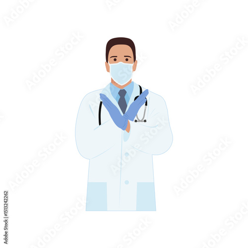 A male doctor wearing a face mask, a lab coat, a gloves, a stethoscope, and making a gesture with crossed arms. Vector.