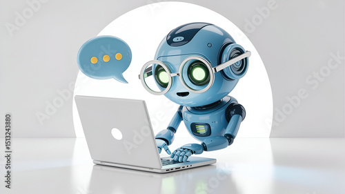Create a 3D illustration of a blue robot with glowing eyes, round glasses, hovering, and a white laptop, with a speech bubble and three dots nearby.