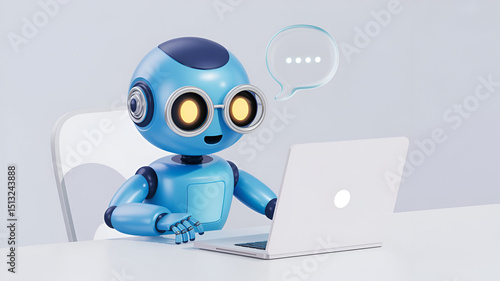 Create a 3D illustration of a blue robot with glowing eyes, round glasses, hovering, and a white laptop, with a speech bubble and three dots nearby.